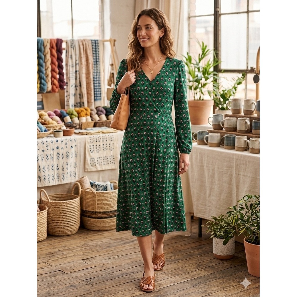 Boho Green Pink Floral Jersey Faux Wrap Midi Dress Long Sleeve
